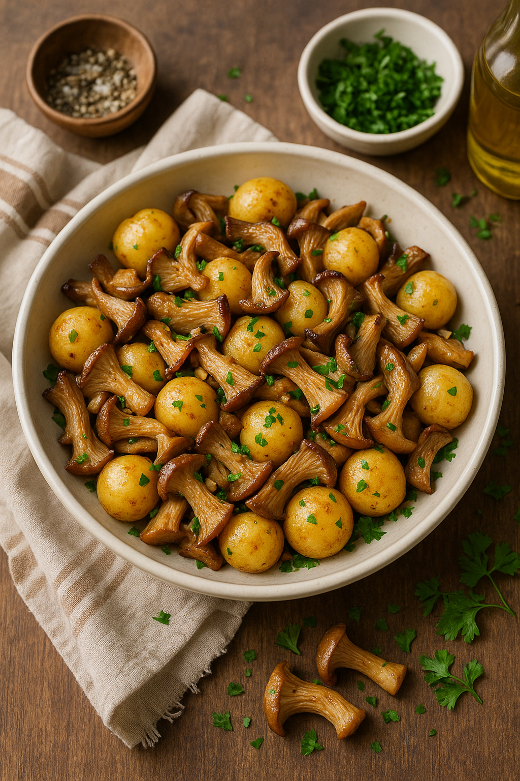 Salteado de orellanas al ajillo con papas criollas