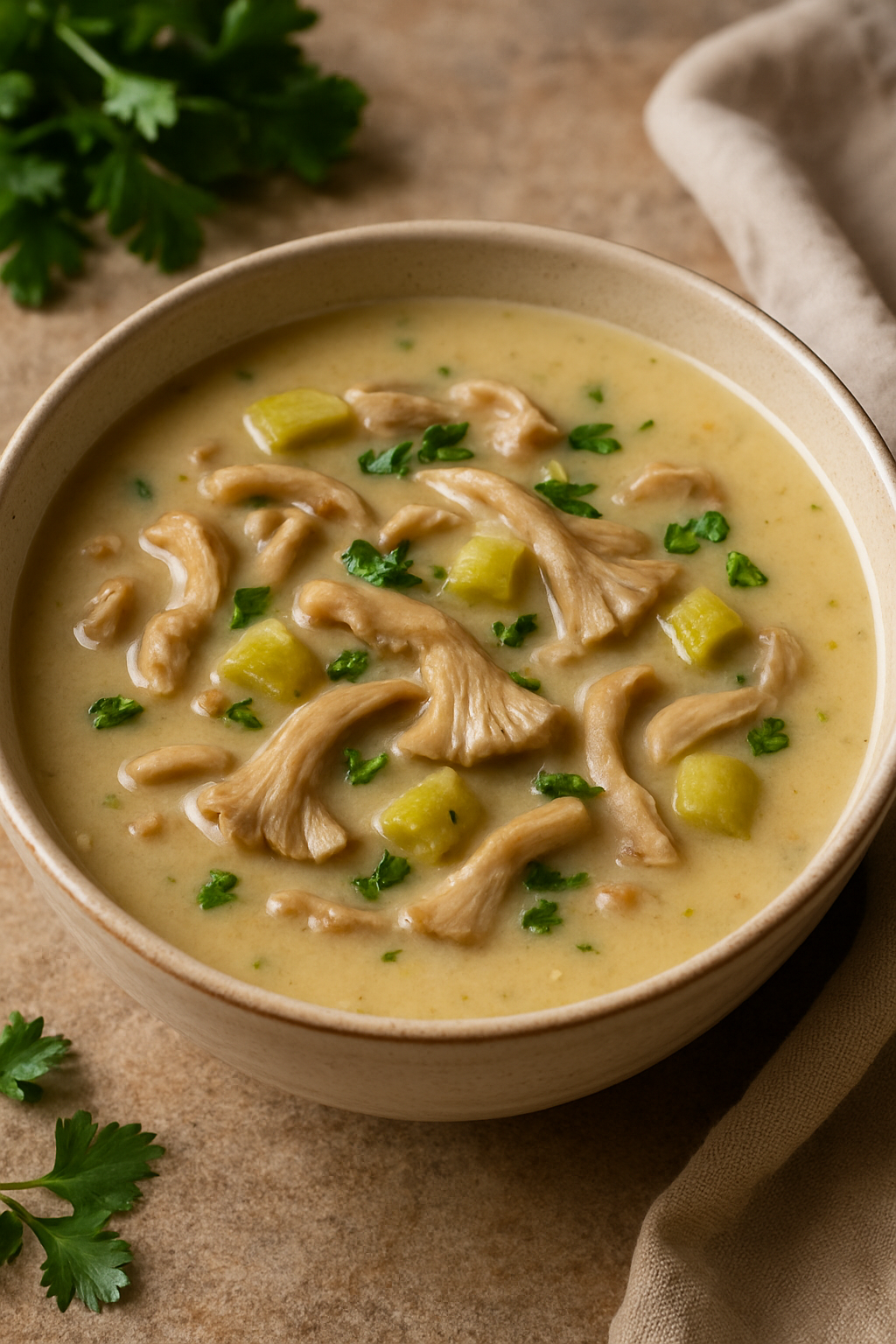 Sopa cremosa de Orellanas y plátano verde